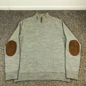 J Crew Sweater 1/4 Zip Merino Wool Gray Suede Elbow Patch Mens Large Slim Fit